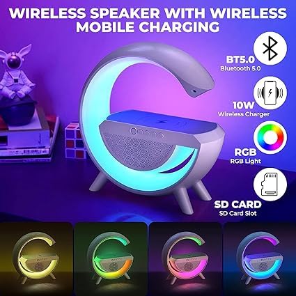 G Shape Multifunctional Google Speaker Wireless Charger Speaker 15 Watt Fast Charging Speaker Atmosphere Lamp with Bluetooth Speaker FM Radio 6 RGB Music sync Lighting Mode for Bedroom,Outdoor Party